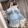 Japansk Gotisk Lolita Klänning Kvinnor Kawaii Bow Bear Spets Blå Klänning Långärmad Prinsessa Klänning Halloween Dräkt Present För Flickor 210302
