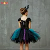 Filles Maléfique Evil Queen Costume Halloween Cosplay Sorcière Fantaisie Tulle Tutu Robe avec Cornes Enfants Fête D'anniversaire Vêtements 210317