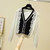 autumn and winter cardigan fashion lace patchwork V-neck long-sleeved sweater women loose single-breasted 210604
