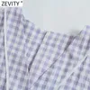 Zevity Frauen Vintage V-Ausschnitt Plaid Print Casual Short Smock Bluse Weibliche Knöpfe Lose Hemd Chic Kimono Chemise Tops LS9259 210603
