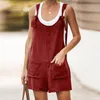 Women's Jumpsuits & Rompers Women Cotton Linen Short Romper Summer Strappy Straight Playsuits 2021 Casual Buttons Loose Ladies Big Pocket Ov
