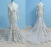 2022 Verbazingwekkende kant trouwjurk met illusie appliques lange mouwen parels rits meermin jurken voor bruid echte afbeelding