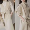 Autumn Winter Matching Sets Turn Down Collar Jacket Crop Woolen Blends V Neck Double Breasted Tank Dress Bandage Vest Fashion 220216