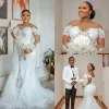 2022 Plus Size Meerjungfrau Brautkleider mit langen Ärmeln Brautkleid Juwel Hals Perlen Spitze Applikation Sweep Zug nach Maß Vestido de Novia