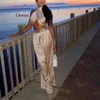 Women Sexy Two Pieces Sets Beachwear Multiways-Wear Solid Color Tube Top Wide-Leg Pants Suit Summer New Beach Suits Y0625