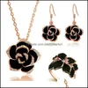 Earrings & Necklace Jewelry Sets Enamel Dance Party Gifts Black Camellia Ring Drop Pendant 3Pc Set Delivery 2021 Mm21K