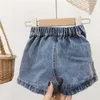 O verão bebê menina de algodão jean curto culottes crianças botão shorts 210702