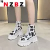 Dress Shoes Platform Woman Pumps Fashion Leopard Round Toe Black 9cm Thick Bottom Heels Women Casual High Top Lace Up Canvas