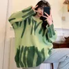 Oversized Sweater Green Pullover Kvinnor Stickade lösa Toppar Vinter O-Neck Harajuku Sueter Mujer Pull Tie Dye Ytterwear 210830