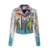 Perçin Boncuk PU Deri Ceket Kadın Graffiti Renkli Baskı Bisikletçisi Ceketler ve Katlar Punk Street Giyim