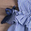 2019 Yeni Yaz Toddler Çocuklar Bebek Kız Güzel Giysileri Mavi Çizgili Kapalı Omuz Ruffles Parti Elbiseler Prenses Gündelik Elbise Q0716