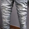 Włoski Styl Moda Mężczyźni Jeans Retro Szary Niebieski Elastyczne Slim Fit Ripped Patchwork Vintage Designer Casual Denim Spodnie