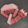 Ombre Women Yoga Set Workout Long Sleeve Crop Top Sports Bra Seamless Leggings Gym Clothing Fitness wear Suits 210802