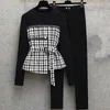 Dames Tweedelige Broek Retro Vrouwelijke Casual Top Elastische Hoge Taille Pak Patchwork Black Pullover Tops Solid Long Pant Set Herfst 2021