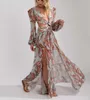 OMILKA Floral imprimé Boho Dr2020 automne femmes lanterne manches col en V BacklHigh fendu évider plage longue Maxi robe X0621