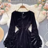 Casual Dresses Autumn Vintage Black Velvet Dress Women Elegant V-Neck Puff Long Sleeve High Waist Party Vestidos Female Mini Robe 2022