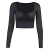Women's T Shirt White Black Crop Tops Women Autumn Sexy Bowtie Square Neck Long Sleeve Slim Fit Casual Ladies Solid Top 210603