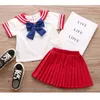 Summer Girl Clothes Sets 2Pcs Fashion Navy Short Sleeve +Pleated Skirt Kids Suit Cute Toddler 210611