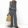 Tweedelige sets vrouwen 2ps vest mouwloos brede been broek chiffon effen kleur licht koffie mode casual japanse stijl 2021 nieuwe Y0625