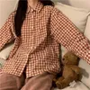 Autumn three-piece fun bear V-neck knitted sweater + plaid shirt casual pants female student spring and autumn suit age re 210526
