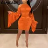 Women Long Flare Sleeve Cold Shoulder Dress Sexy Bodycon Ruched Mini Party Dress 210702