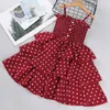 Robes de fille 2021 Enfant Enfant Bébé Fille Rouge Polka Dot Impression Bretelle Sans Manches Princesse Cascade Robe Silm Sling Jupe