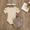 Summer born Baby Girl Clothes Set Solid Color Short Sleeve Ruffle Romper Tops Flower Pants Headband 3Pcs Infant Outfits 210816