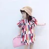 Yaz kızın elbise renkli blok uçan kollu Kore Amerikan tarzı giysi moda bebek kız giyim 210625