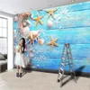 3D deniz manzarası duvar kağıdı duvar kağıtları mavi ahşap tahta denizyıldızı kabuk iç ev dekor oturma odası yatak odası boyama duvar kağıtları