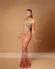 2022 Arabic Style Illusion Mermaid Prom Dresses Top Beaded Pink Lace Bottom Formal Party Dress Satin vestido de novia