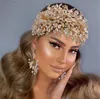 Lüks Düğün Gelin Boncuk Kafa Altın Taç Tiaras Kristal Rhinestone Hairband Küpe Takı Seti Moda Balo Bling Saç Aksesuarları Headdress Süs