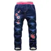 Arrival Warm Jeans for Children Girls Nice Flower Embroidery Pants Kids Winter Denim Trousers Teenage Clothes 3-14 Year 210622