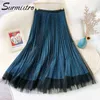 SURMIITRO Shinny Couleur métallique Midi Longue Jupe en Tulle Femmes Été Style Coréen Taille Haute Jupe Plissée Mi-longue Femme 210712