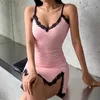 Darlingaga Y2K Aesthetik Moda Dantel Patchwork Seksi Drwomen Kayışı Yay Bodycon Yaz Elbiseler Mini Yan Bölünmüş Sundress X0529