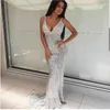 Sexy Silver Lantejoulas Maxi Maxi Vestido Estique do Assoalho Lantejoulas Lantejoulas Backless Bodyless Bodycon V Pescoço Forro completo Vestido preto X0521