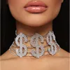 Kobiety Luksusowy Duży Dolar Naszyjnik Bling Crystal Rhinestone Łańcuch Regulowany Chocker Multilayer Biżuteria dla Akcesoria Party