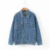 Vintage Women Jean Jackor Höst Winter Blue Oversize Denim Tvättad Coat Slå ner Collar Pocket Loose Outwear 210526