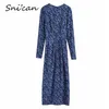 Sexy High Split Dress Blue Chic Fashion Bloemenprint Gedrapeerde Slit Bodycon Jurk Lange Mouw Party Jurken ZA 2020 Dames Sukienka X0521