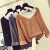 Autumn women's Solid Color Fake Two-piece Long-sleeved Off-the-shoulder Sweater Female Loose Bottoming Pullover Top 211007
