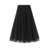 Surmiitro Summer Midi Long Tulle Pleated 치마 여성 한국어 스타일 핑크 구슬 중간 길이 높은 허리 라인 스커트 여성 210712