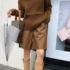 Women's Shorts Black Brown Leather Knee Length Women Korean Style Pockets High Waist Loose Wide Leg Female Faux Pu 2022