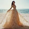 Champagne A Line Evening Dress Lace Appliques Boho Prom Gowns Sheer Long Sleeve Feathers Second Reception Dresses