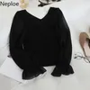 Neploe Fashion Patchwork Mesh Blouse Femmes V Neck Trey Flare Long Sleeve Blusas 2021 Autumn Spring New Slim Shirt Elegant 210302