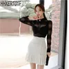 Spring Elegant Women 2 Pieces Set Black Hollow out Lace Top + Ruffled Pleated Skirts Suits 210531