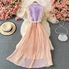 Neploe elegante elegante Stand Collar plisado Maxi vestido femenino manga voladora contraste Color gasa Vestidos drapeado gran Swing Robe Y0823