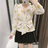 Nieuwe vrouwen retro polka dot print shirt Franse diepe nhals stropdas boog voor front lang mouw blouse rug elastische taille blusas tops t200608