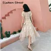 Lace Long Women Dress Mid-Calf Beige Female Vestidos Verano Vintage Lady Evening Party V-neck es Summer 210603