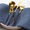 Conjunto de talheres de ouro 24pcs / 6 conjuntos de utensílios de mesa de pratos de pratos Facas de colheres Setks Set de aço inoxidável Cutelaria Spoon Spoon Set 210706
