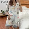 Caiyier Sweet Girl Summer Korean Homewear Cute Doll Collar Korte Mouw Geruite Pyjama Set Plaid Flowers Casual Pyjama Suit 210809