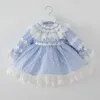 Spring Kids Girl Party Dress Lace Bow Blue Long Sleeves Mesh Princess Dresses Wedding Perform Formal Clothes E8010 210610